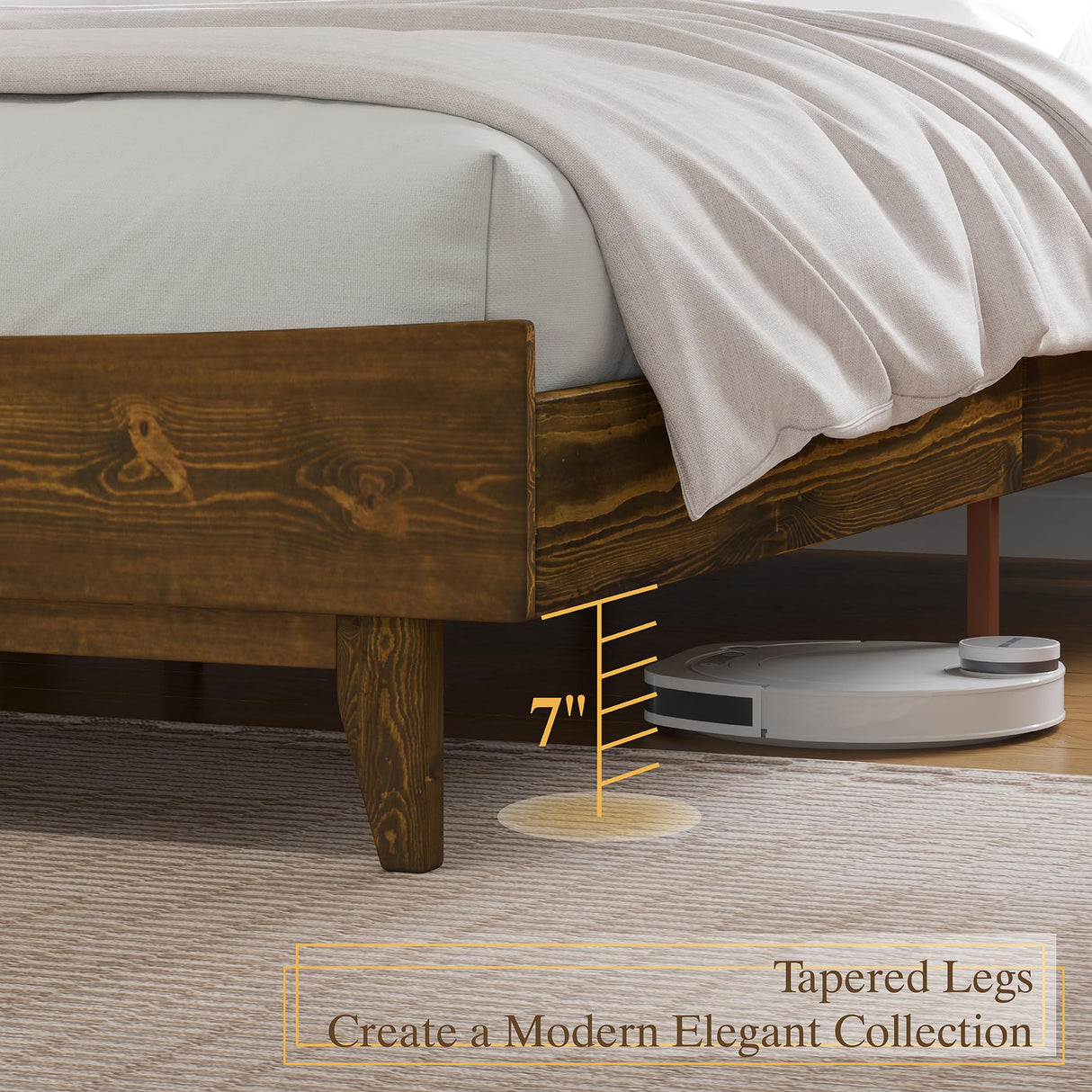 VanAcc King Size Solid Wood Mid-Century Platform Bed with Slatted Headboard in Caramel VanAcc