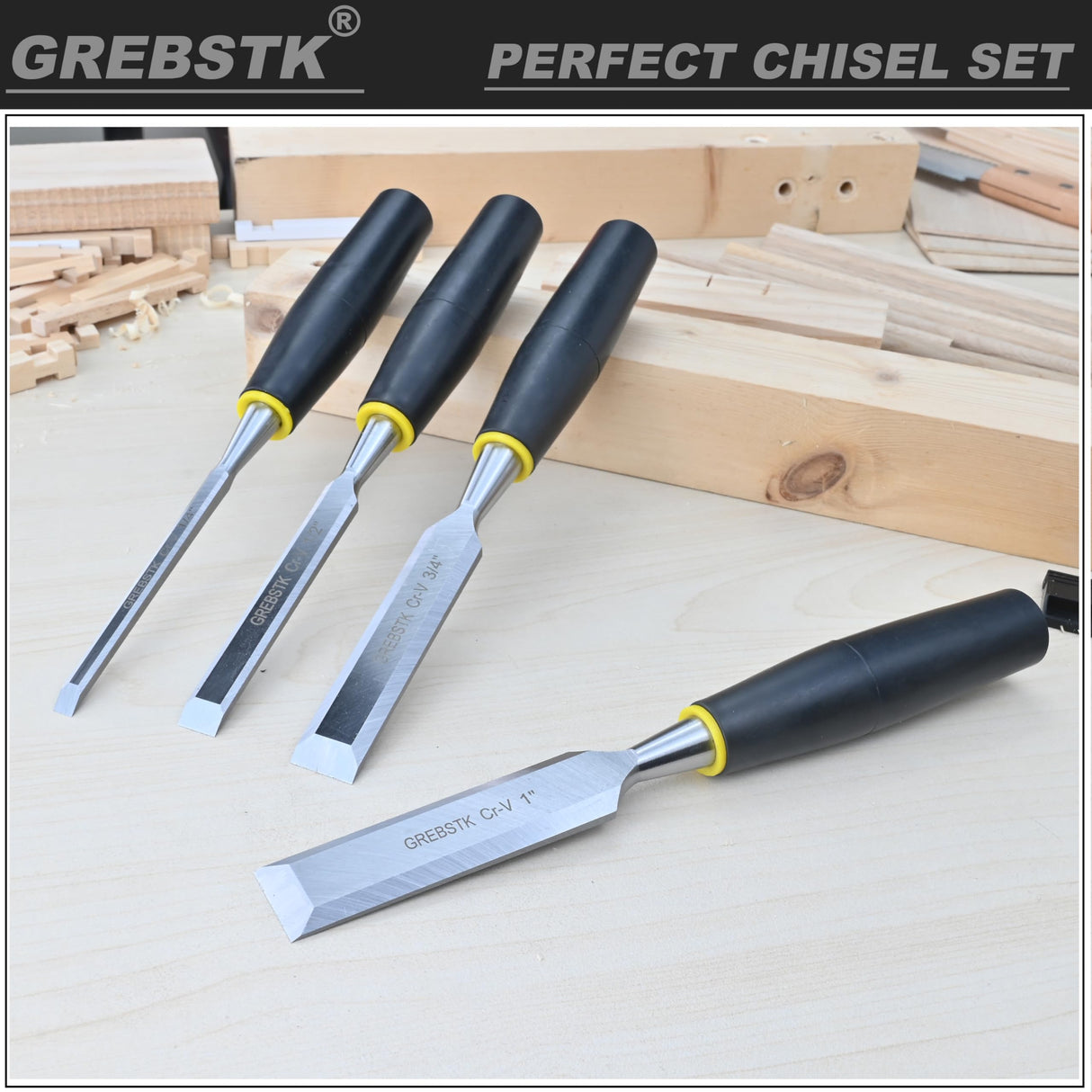 GREBSTK 4 Piece Wood Chisel Set for Woodworking, Professional CR-V Steel Bevel-Edge Bench Chisels, Extra Large High Impact Handle GREBSTK