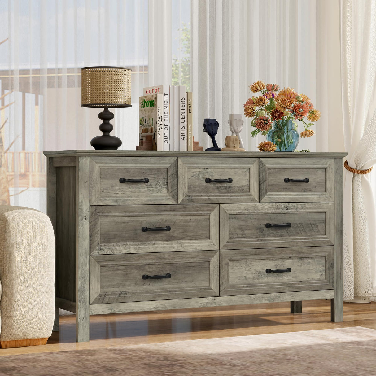 Nasonet Farmhouse 7-Drawer Dresser for Bedroom, 52" Wide Wood Chest of Drawers with Large Metal Handles, Grey Dressers Storage Organizer for Bedroom, Living Room & Hallway Nasonet