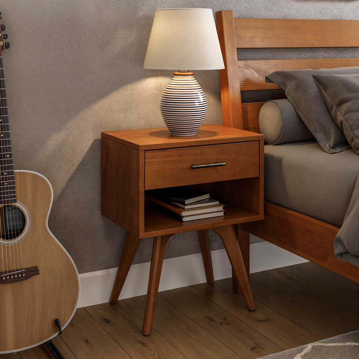 Mid Century Modern One Drawer Nightstand/Constructed of Solid Wood/Castanho Finish Camaflexi