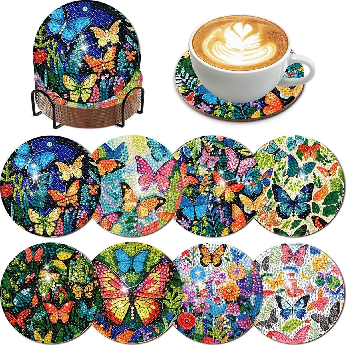 EWJRNSF 8 PCS Diamond Art Coasters Kit, Small Diamond Painting Coasters, Fall Butterfly Diamond Art Kits for Adults Beginners, Arts and Crafts Supplies Item Sets with Holder EWJRNSF