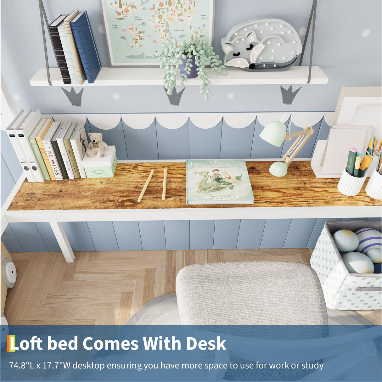 GarveeHome Loft Bed Twin Size with Large Desk and 2-Tier Storage Shelves, Heavy Duty Metal Loft Bed with Ladder and Guardrail for Kids and Adults, Steel Slats Support, Space Saving, White and Brown GarveeHome