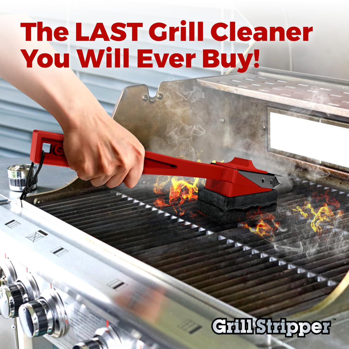 Grill Stripper BBQ Grill Brush – Bristle Free Grill Cleaner for Outdoor Grills with Triple- Grill Scraper, Replaceable Flame-Resistant Kevlar Scrubbing Sponge & Turn-Lock Head Grill Stripper