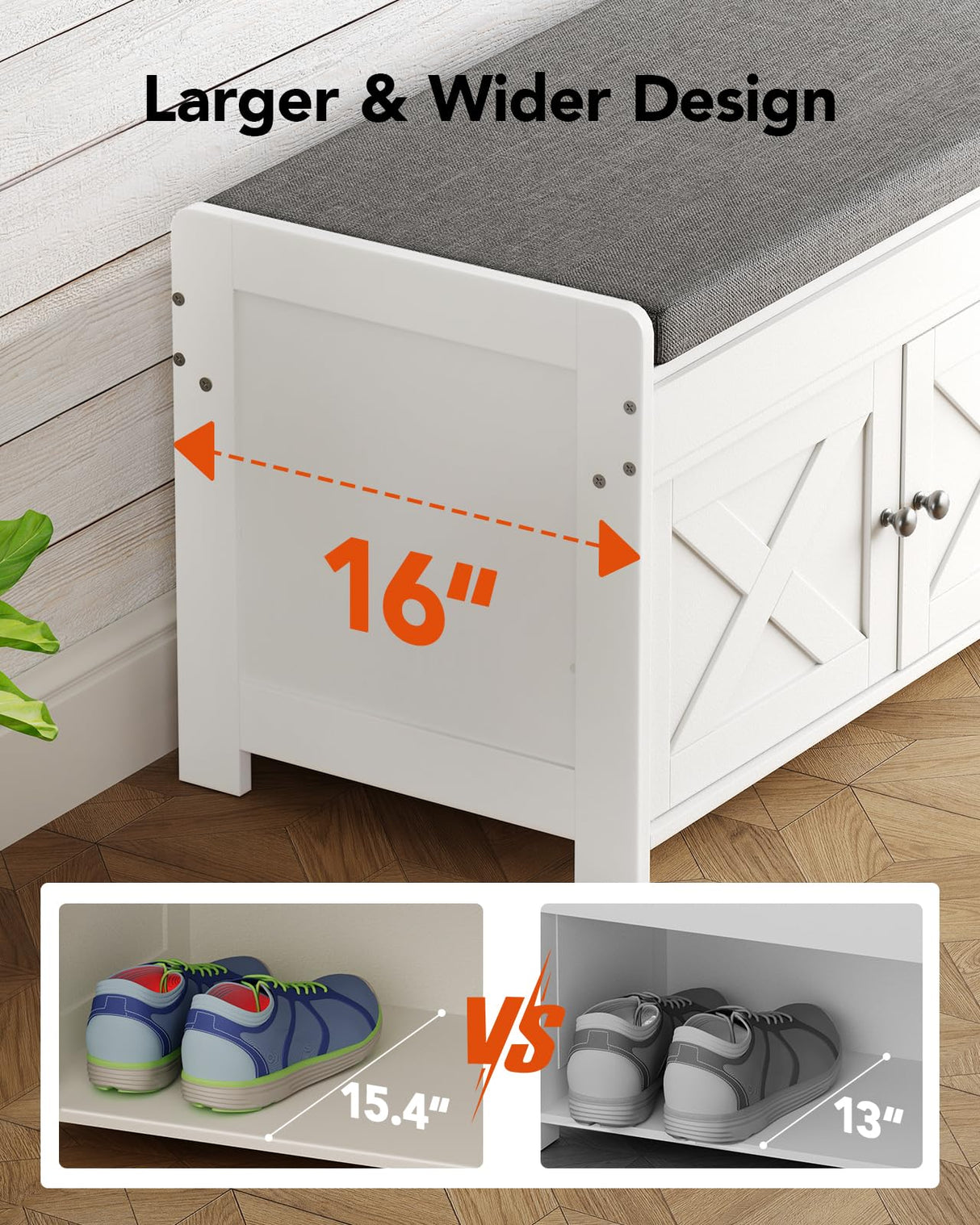 Pipishell 2-Tier Shoe Storage Bench with Cushioned Seat, Entryway Bench with Adjustable Shelf & Barn Doors, 300 lbs Capacity, 43.4" W x 16" D x 18" H, for Entryway, Bedroom, Living Room, White Pipishell