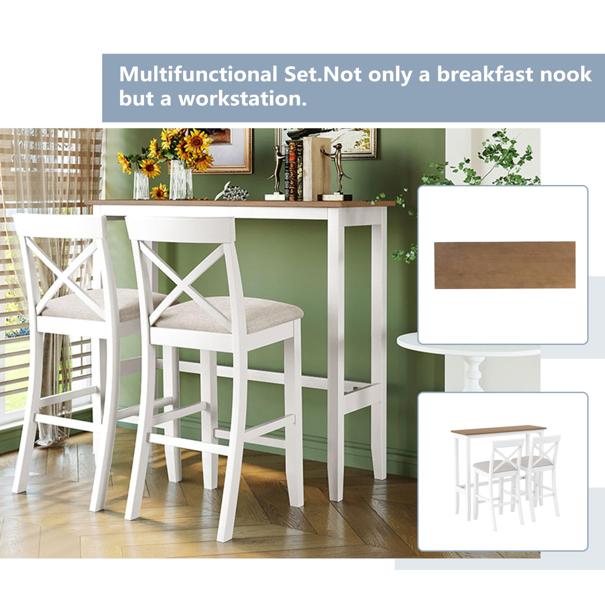 LUMISOL Bar Table and Chair Set, Small Counter Height Table Set for 2, 3 Piece Bar Table Set for Dining Room Small Place, Breakfast Nook Table Set, Space Saving for Living Room, Beige LUMISOL
