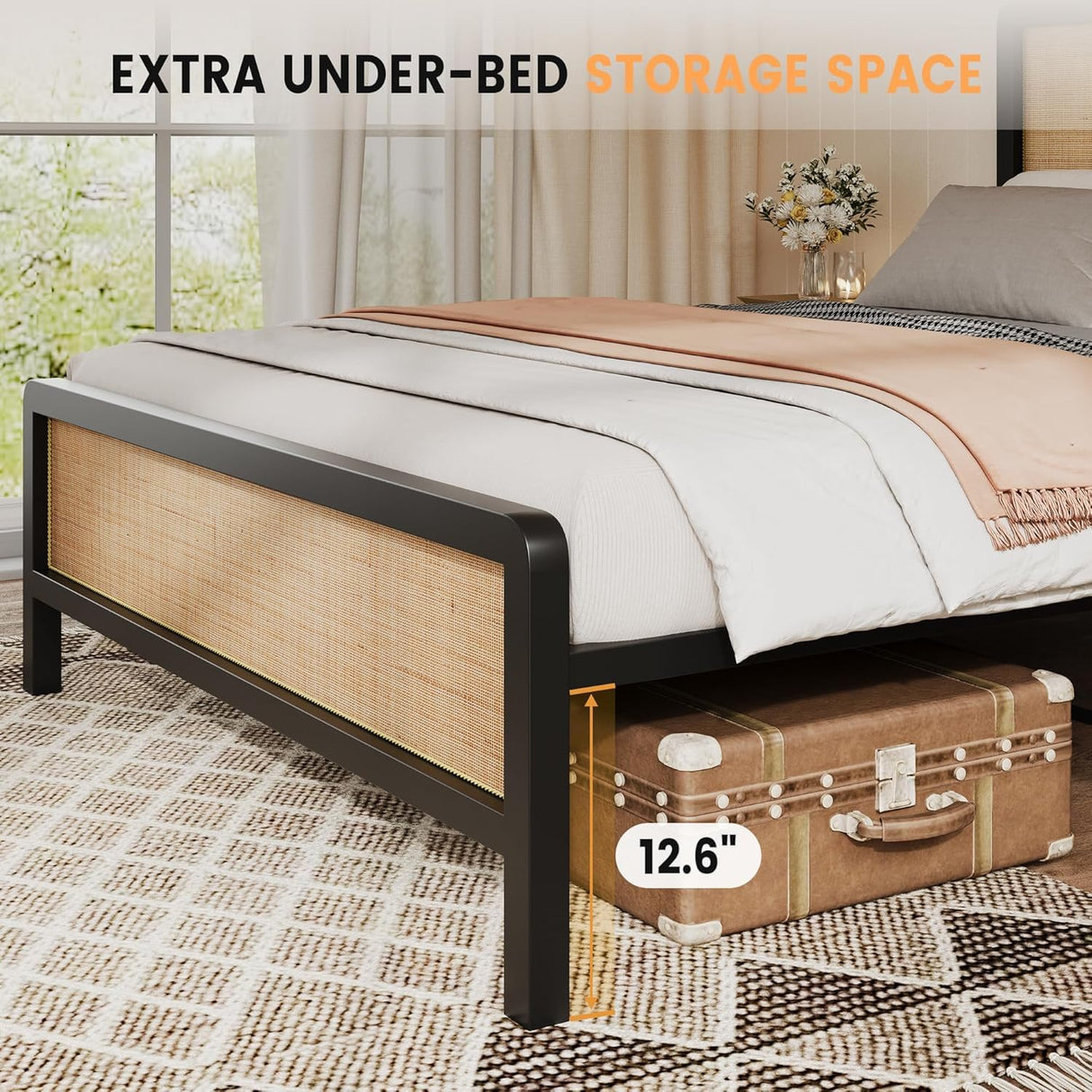Full Size Metal Platform Bed Frame Natural Rattan Headboard, Bohemian Mattress Foundation with Strong Slats Support, No Box Spring Needed/Under Bed Storage/Non-Slip Without Noise/Easy Assembly SunnyFurn