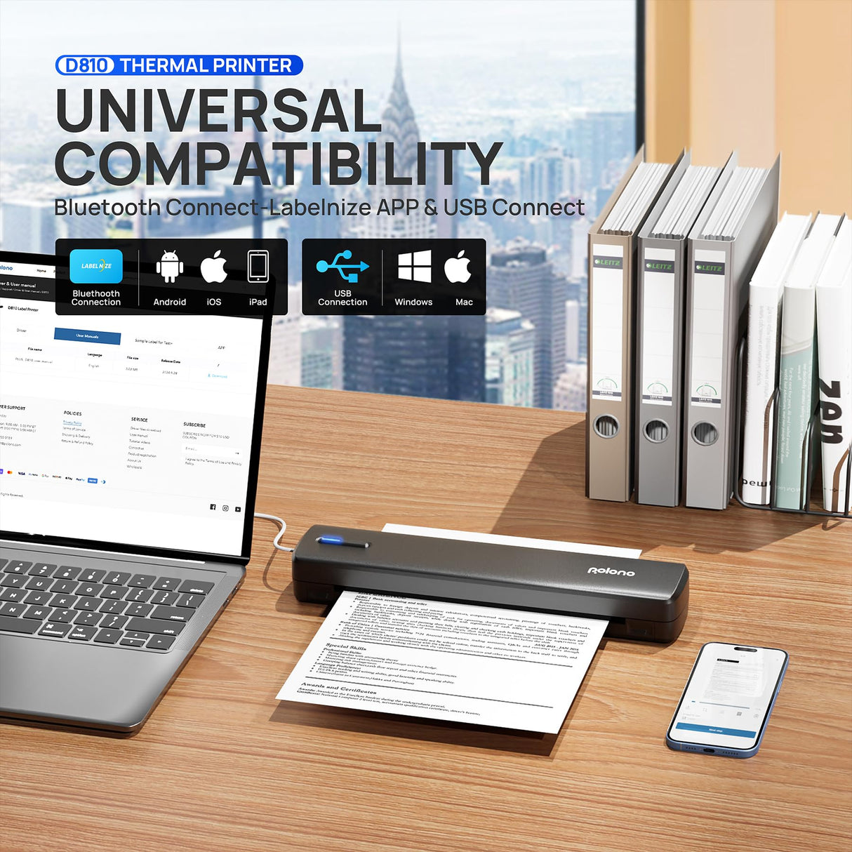 POLONO Portable Printer Wireless for Travel, D810 Bluetooth Thermal Printer Support for 8.5"x11" US Letter, Inkless Printer Compatible with iOS, Android, Laptop for Office, Car and Home, Black POLONO