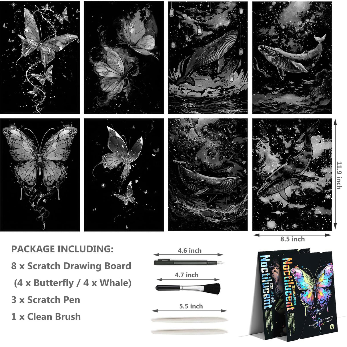 Glow in The Dark Scratch Art Rainbow Painting Paper 8 Sheet with Pen / Cleaning Brush, Engraving Landscape Scratchboard(A4) for Kids Teens & Adults, Fun Sketch Card Creative Craft Toy (Animal) AP ARTSPER