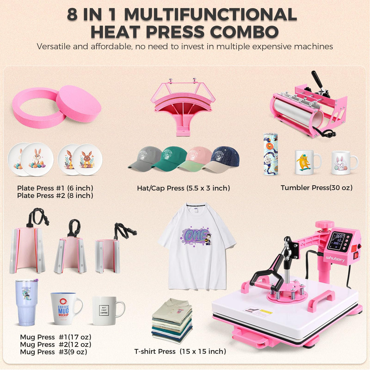 Whubefy Heat Press 15x15 inch 8 in 1 with 30OZ Tumbler Press, Slide Out 360° Swing Away Digital Shirt Press Machine, Industrial-Quality Heat Transfer Sublimation for T-Shirt/Tumbler/Mug/Hat/Cap/Plate Whubefy