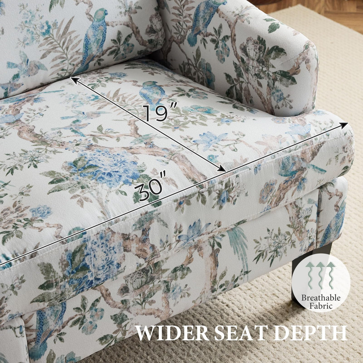 Bezseller Floral Accent Chair, Upholstered Reading Armchair with Wood Legs, Mid-Century Leisure Comfy Single Sofa Chair for Living Room, Bedroom, Home, Office, White Floral Bezseller