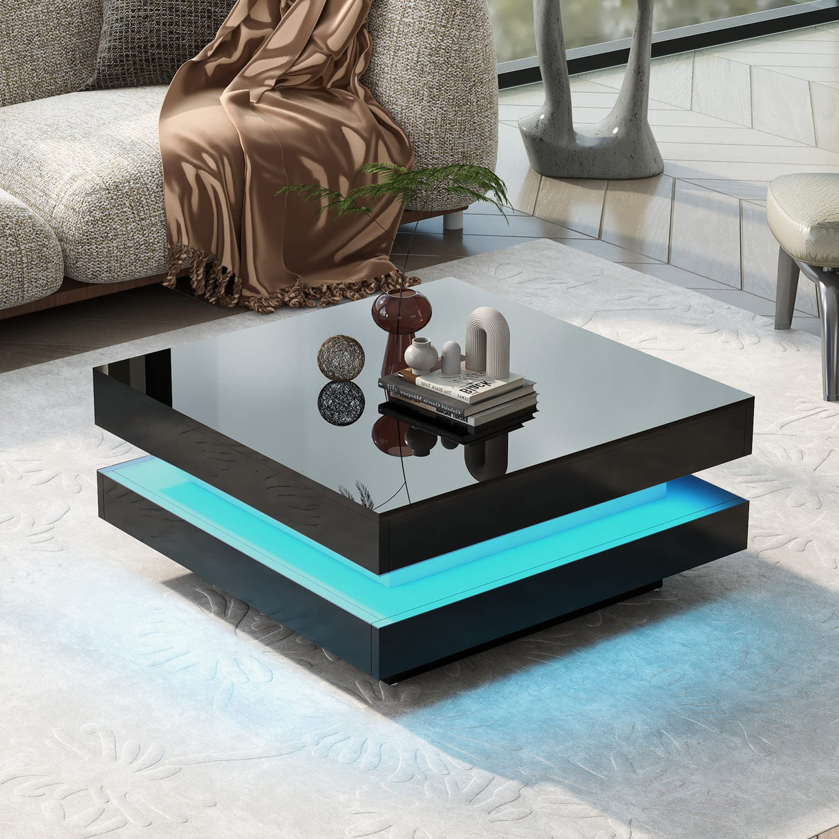 Modern Coffee Table, 2-Tier Square Coffee Table with Plug-in 16-Color LED Lights, High Gloss Coffee Table, Center Table for Living Room, 31.5”x31.5”x14.2”, Black Bellemave