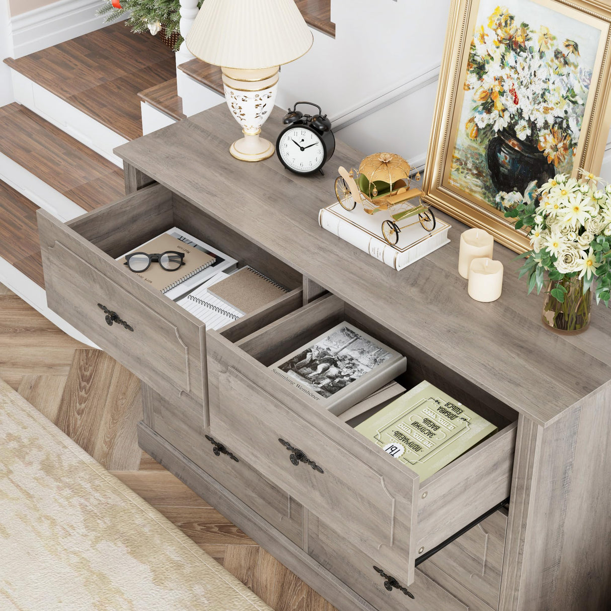 finetones Wood Dresser 6 Drawer, 47.2'' Grey Dresser Farmhouse Dresser Chest of Drawers with Designed Drawer Surfaces, Grey Dresser with Deeper Drawer, Ash Grey finetones
