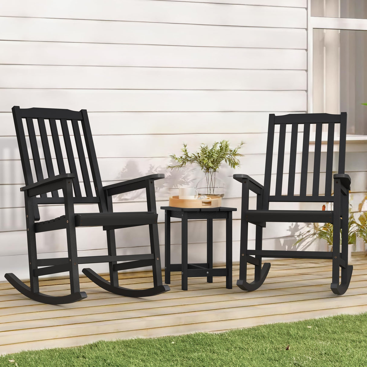 Cozyman Outdoor Rocking Chairs Set of 2, Acacia Wood Rocking Chairs, Patio Rocker Chair with Wide Seats, Black Cozyman