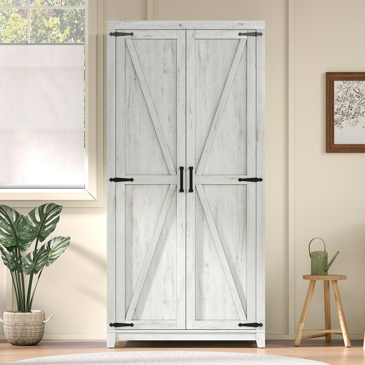AMERLIFE Set of 2 Farmhouse Armoire Wardrobe Closet with 2 Barn Doors, 71'' Storage Cabinet with Shelf & Hanging Rod, Versatile Clothing Storage for Bedroom, Distressed White AMERLIFE