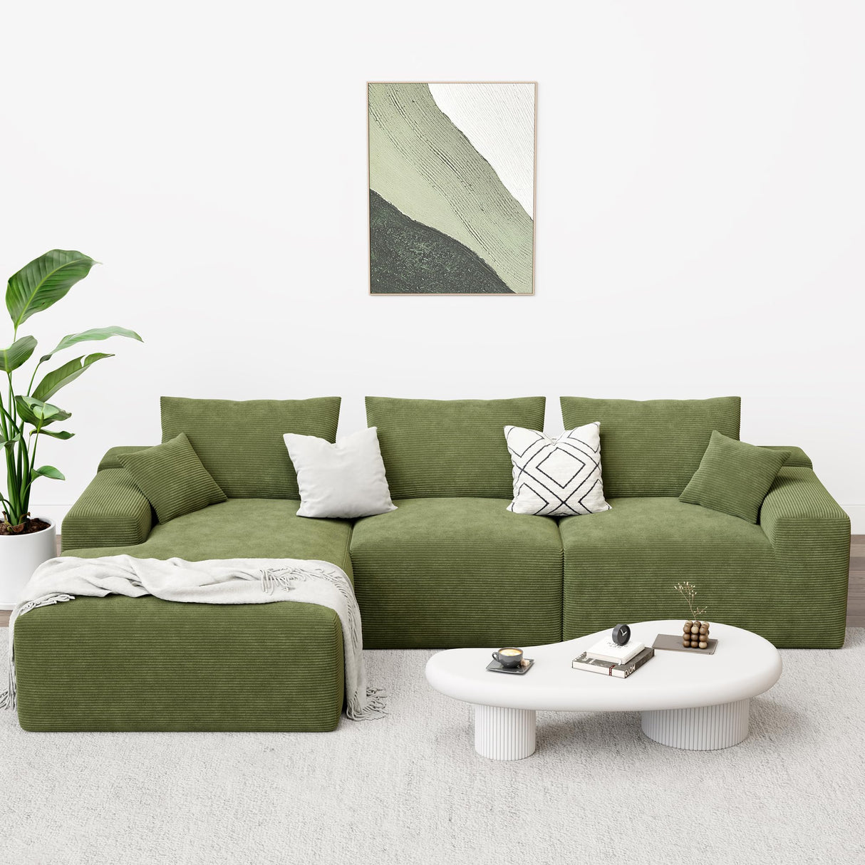 LIKIMIO 120" Boneless Couch for Living Room, Deep Seat Comfy Sectional Cloud Couch Sofa with Chaise, L-Shaped Modular Modern Sofa, No Assembly Required, Corduroy Upholstery Green LIKIMIO