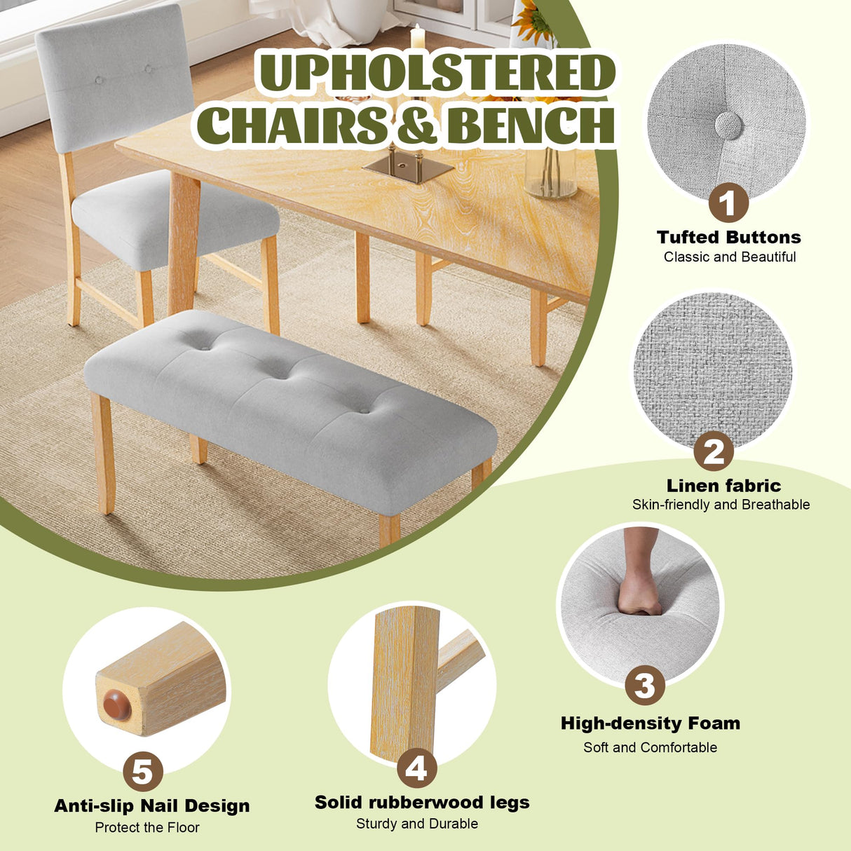 Merax 6 Piece Solid Wood Dining Table Set for 6, Rustic Farmhouse Rectangular with 4 Upholstered Wooden Chairs and 1 Bench, Kitchen Room, Natural Wood Wash Merax