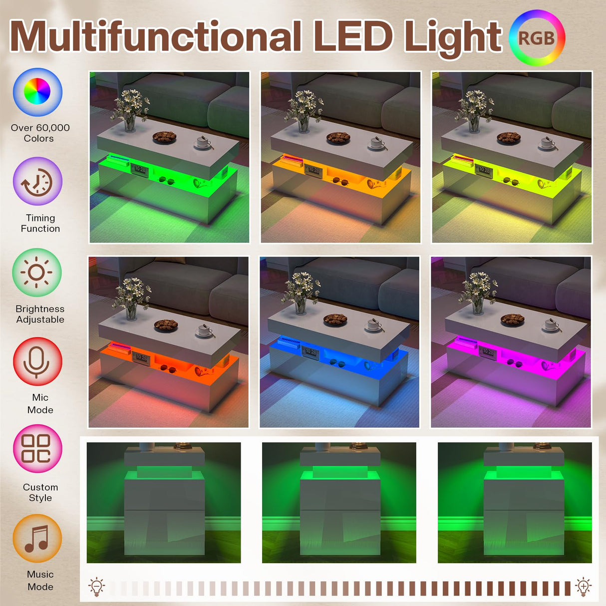 LUXOAK 3 Pieces Living Room Table Set, Modern High Gloss Coffee Table Set with LED Light and Storage Space, 2 End Side Tables with Charging Station for Living Room, Office, White LUXOAK