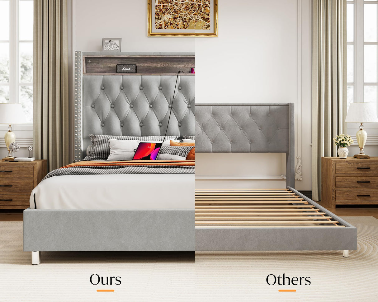 Jocisland King Size Bed Frame 53.6'' Tall Headboard LED Lights and Charging Station, Velvet High Upholstered Platform Bed Wingback Storage, No Box Spring Needed, No Motion Light Under Bed, Light Gray Jocisland
