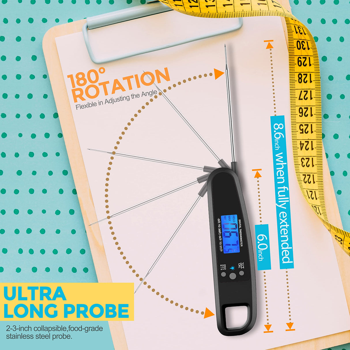 POWLAKENXS Instant Read Meat Thermometer for Kitchen Cooking, Ultra Fast Precise Waterproof Digital Food Thermometer with Backlight, Magnet and Foldable Probe for Deep Fry, Outdoor BBQ, Grill (Black) POWLAKENXS