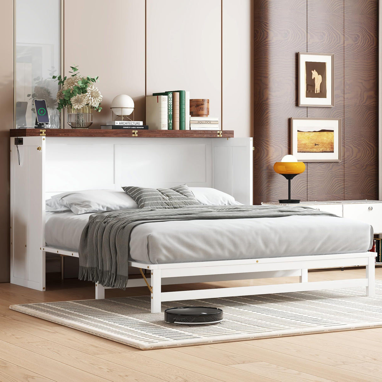 Queen Size Murphy Bed Cabinet, Murphy Bed Cabinet with Storage Drawer and Charging Station, USB Port, Solid Pine Wood Murphy Bedframe for Home Office Studio Guest Room, White Walnut RuiSiSi