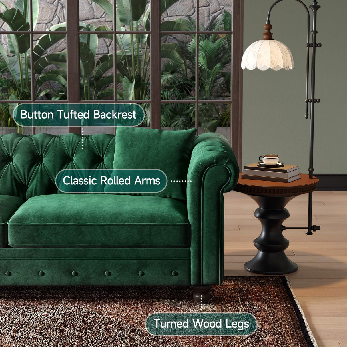 ONBRILL 82 Inch Chesterfield Sofa, 23 Inch Deep Seat Velvet Couch for Living Room, Button Tufted Couch with Rolled Arms, 2 Throw Pillows, Comfy Vintage Loveseat Sofa for Apartment, Green ONBRILL