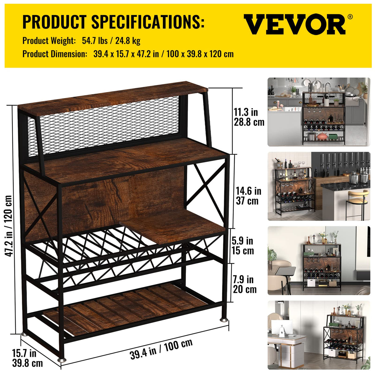 Industrial Rustic Brown Wine Rack and Home Bar Table with Glass Holder by VEVOR VEVOR
