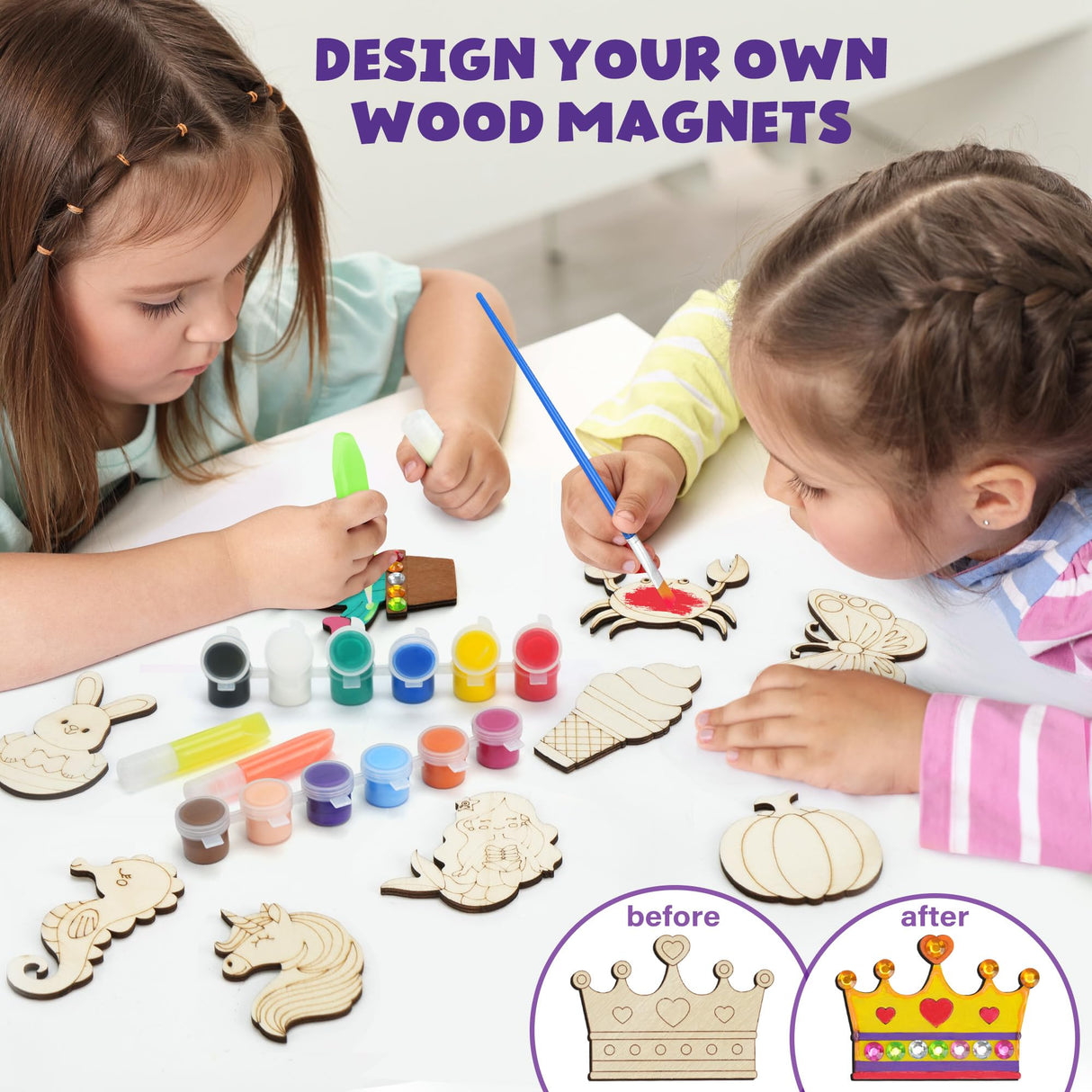 BenBen 30pcs DIY Wooden Magnets, Glow in The Dark Wood Crafts Kit for Kids, Arts & Crafts Supplies Painting Kit for Girls Boys Ages 4-8 8-12, Birthday Easter Gifts Toys BenBen