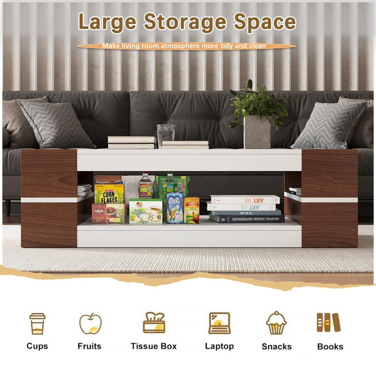 HedoAjim 47.2" Modern Stylish Coffee Table with Glass Table Top, Large Living Room Table Rectangular 2-Tier Center Tables with Storage, Wood Cocktail Tea Tables for Dining Reception Room, White Walnut HedoAjim