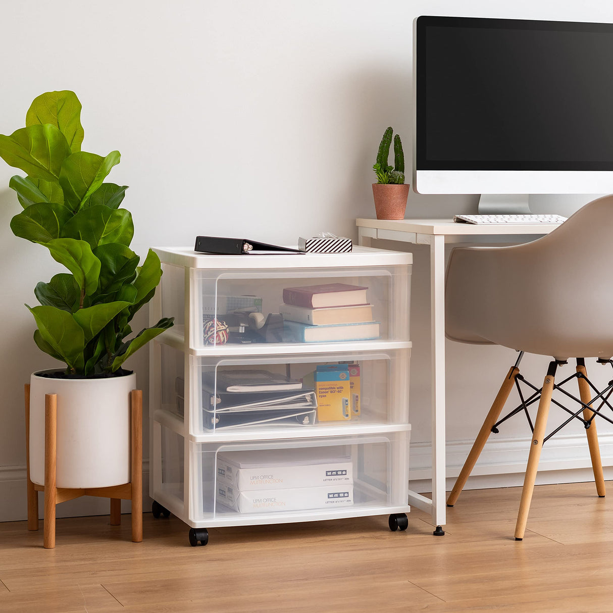 IRIS USA Plastic Drawer Storage Organizer Rolling Cart, with Wheels Casters, 3-Drawers, for Classroom Art Craft Supplies Dresser Closet Bathroom Dorm Bedroom Laundry Room, Wide, White/Clear IRIS