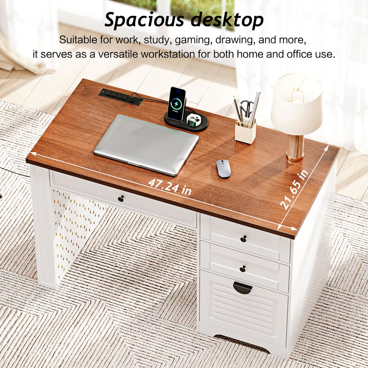 Ieejdn 47" Home Office Desks, Executive Desk, Farmhouse Computer Desk with Drawers and Charging Station, File Drawer, Storage Cabinet, Rustic Computer Writing Desk,Antique White Ieejdn