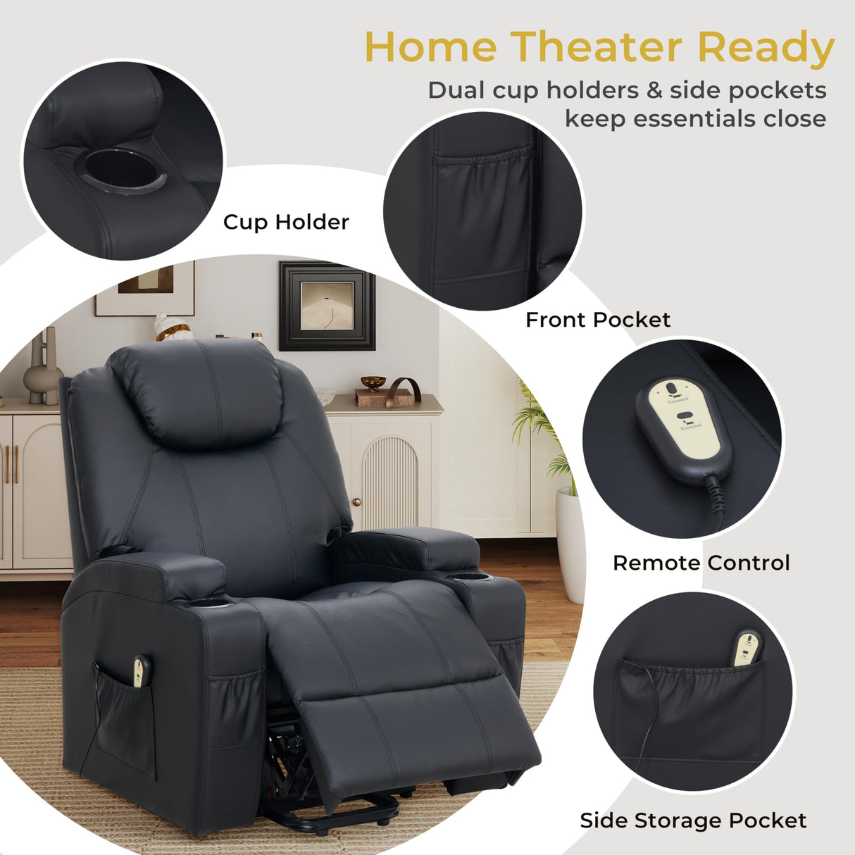 VUOVUS Power Lift Recliner Chair for Elderly, PU Leather Electric Lift Chair with Remote Control, Adjustable Footrest & Lumbar Support, Living Room Recliner with Cup Holders & Side Pockets (Black) VUOVUS