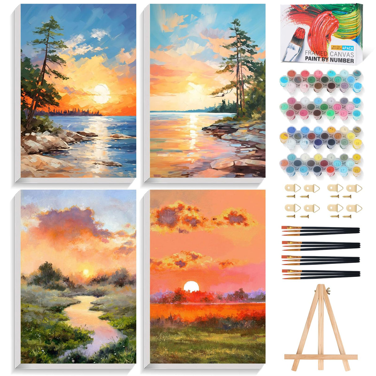 4 Pack Framed Paint by Numbers Kit for Adults Beginners with Wooden Easel, DIY Sunrise and Sunset Landscape Paint by Number Kit with Frame, Easy Painting by Numbers for Home Wall Decor, 8x12 inch Fountor