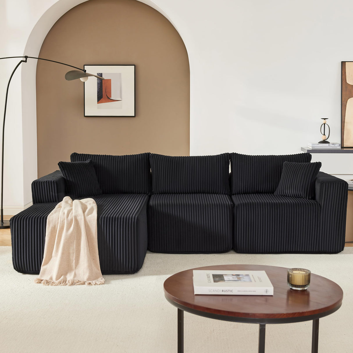 97" Boneless Couches for Living Room, Cloud Couch Sectional with Deep Seat, Comfy Couch with L-Shaped Chaise, Minimalist Upholstered Modular Sectional Sofa, No Assembly Required (Corduroy,Black) Huatean Home