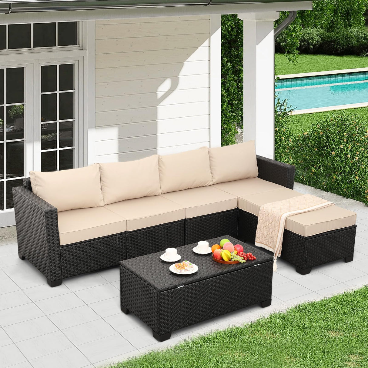 Rattaner Outdoor Sectional Wicker Patio Furniture Long Patio Couch with Ottoman and Outdoor Storage Table 4 Pieces Patio Furniture Set Weathering Anti-Slip Cushions Waterproof Covers, Khaki Rattaner