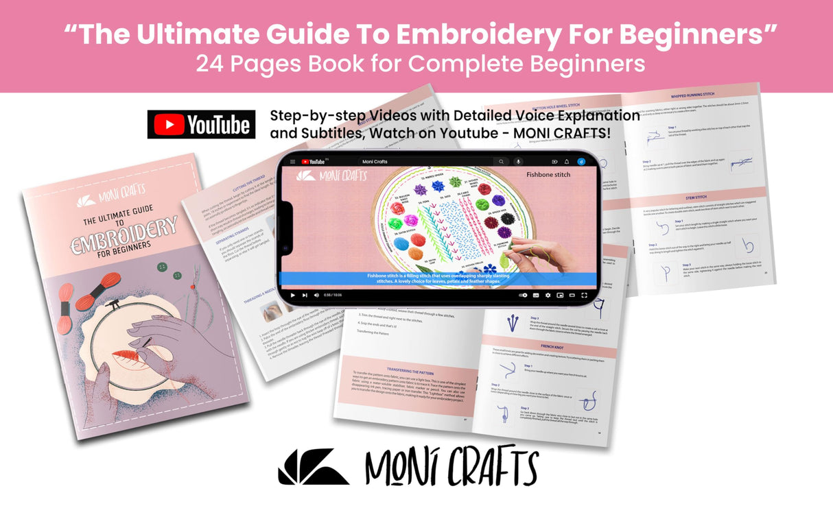 Moni Crafts Embroidery Kit for Beginners – DIY Hand Embroidery Set for Adults and Kids with 4 Stamped Patterns, Hoop, Threads, Needles and Step-by-Step Stitch Guide to Learn 33 Stitches Moni Crafts