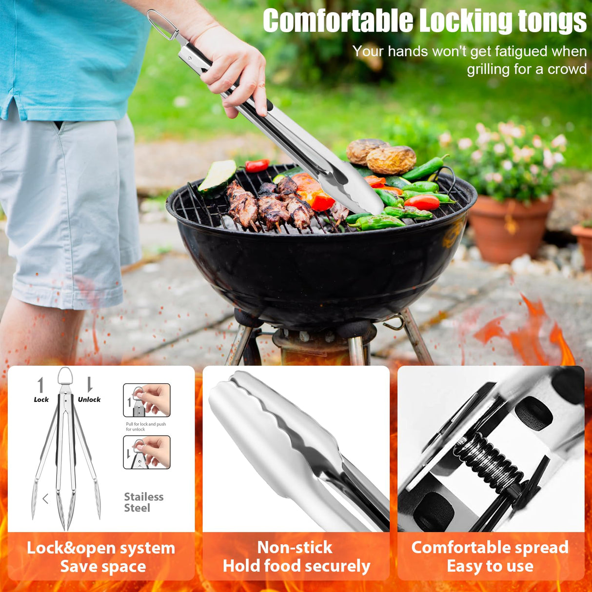 RINPIR 31pcs Stainless Steel BBQ Grill Accessories Set for Men Dad, Heavy Duty Grilling Tools for Outdoor Camping, BBQ Utensils Kit with Mats, Grill Brush in Carrying Bag Brown RINPIR