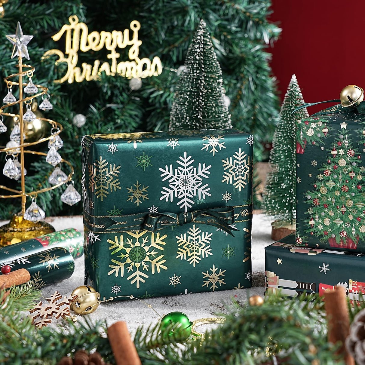 WRAPAHOLIC 30 Inch Nutcracker Christmas Wrapping Paper Roll - Jumbo Roll Green Christmas Tree, Snowflakes and Nutcracker with Metallic Foil Shine Design - 4 Rolls - 30 Inch x 120 Inch Per Roll WRAPAHOLIC