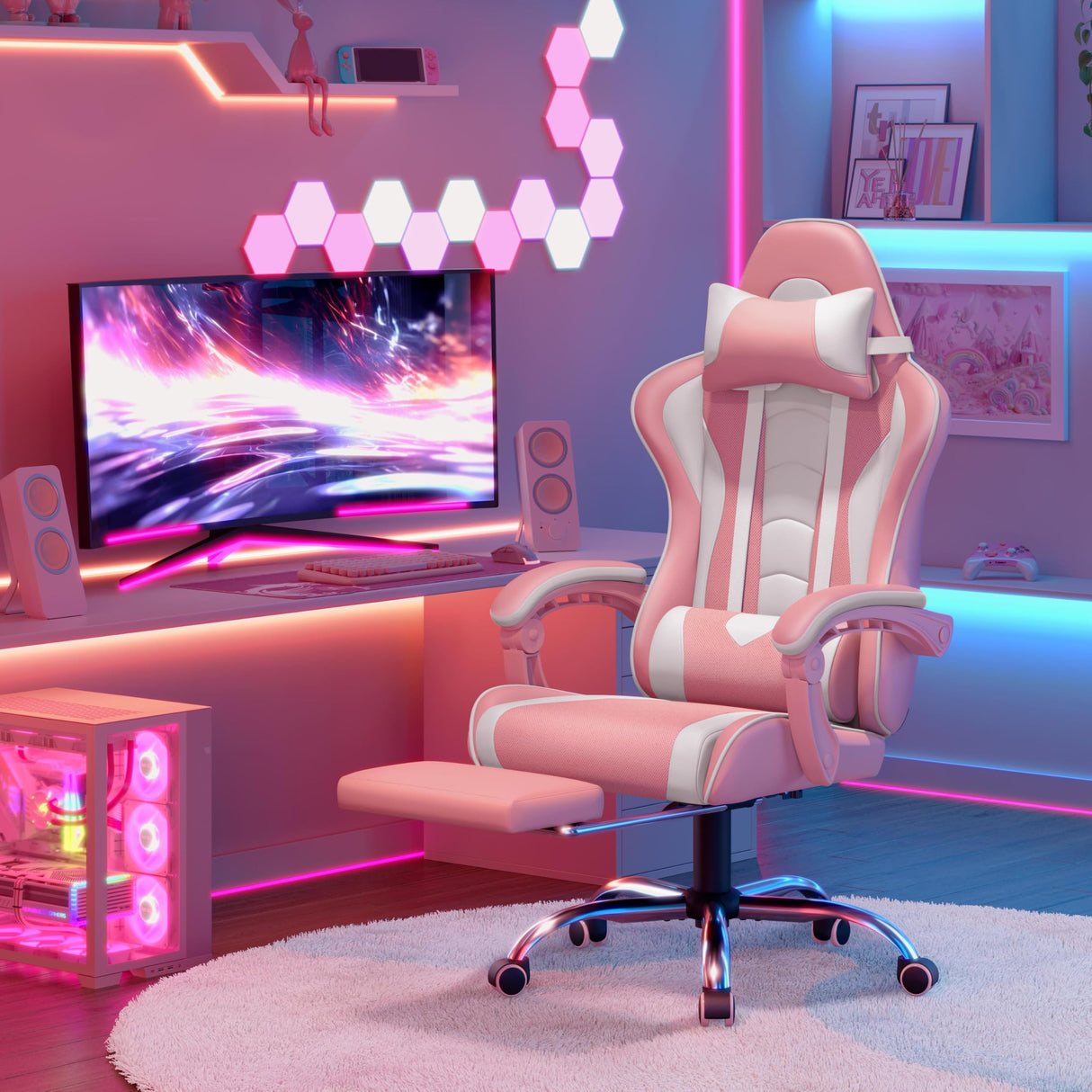 Yaheetech Gaming Chair, Video Game Chair with Massage Lumbar Support and Footrest Height Adjustable Ergonomic Computer Chair with Swivel Seat and Headrest, Pink/White Yaheetech