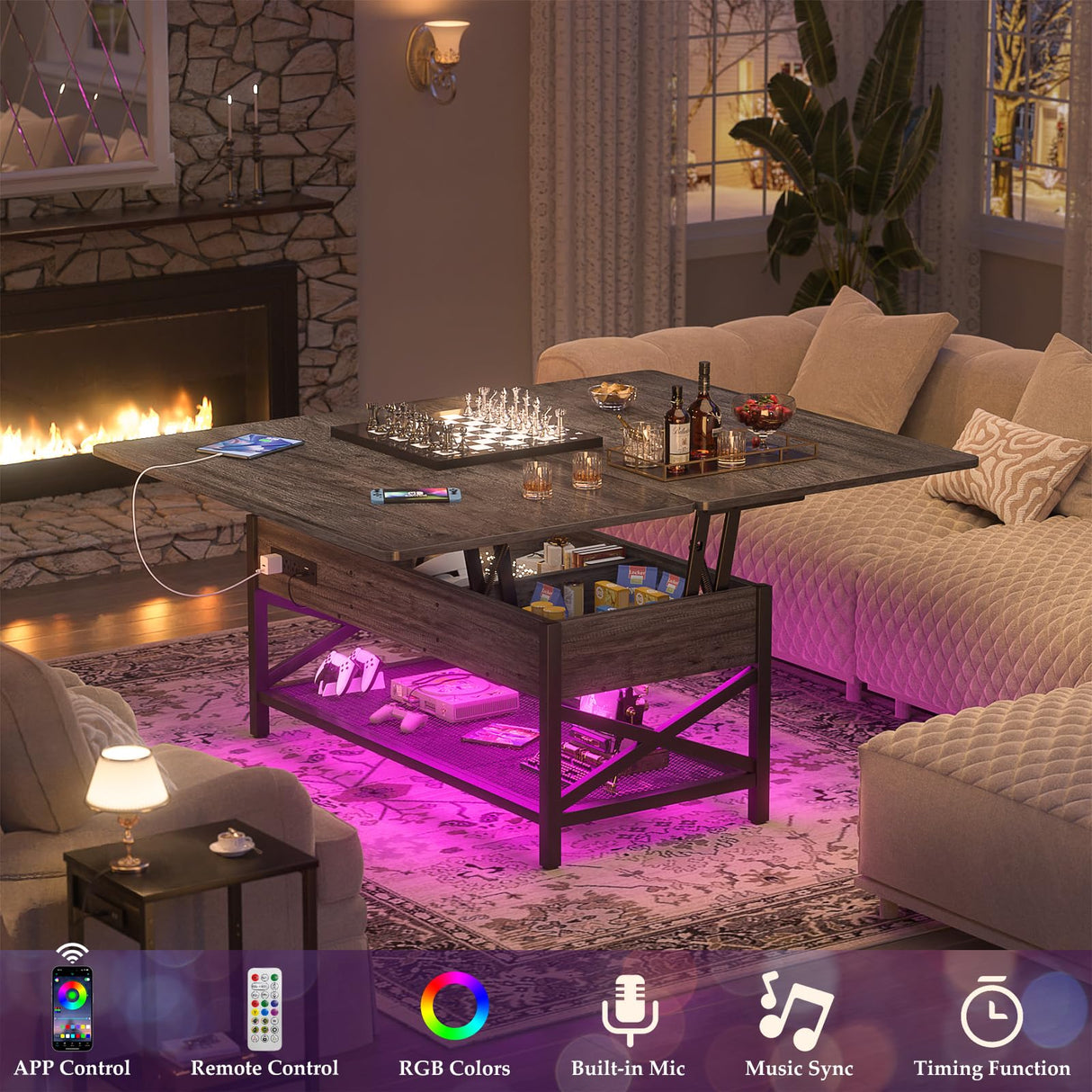 Aheaplus Coffee Table Lift Top Multi-Function Coffee Table Converts to Dining Table, with LED Light and Power Outlet, Center Table with Shelves for Living Room Reception Home Office, Black Oak Aheaplus