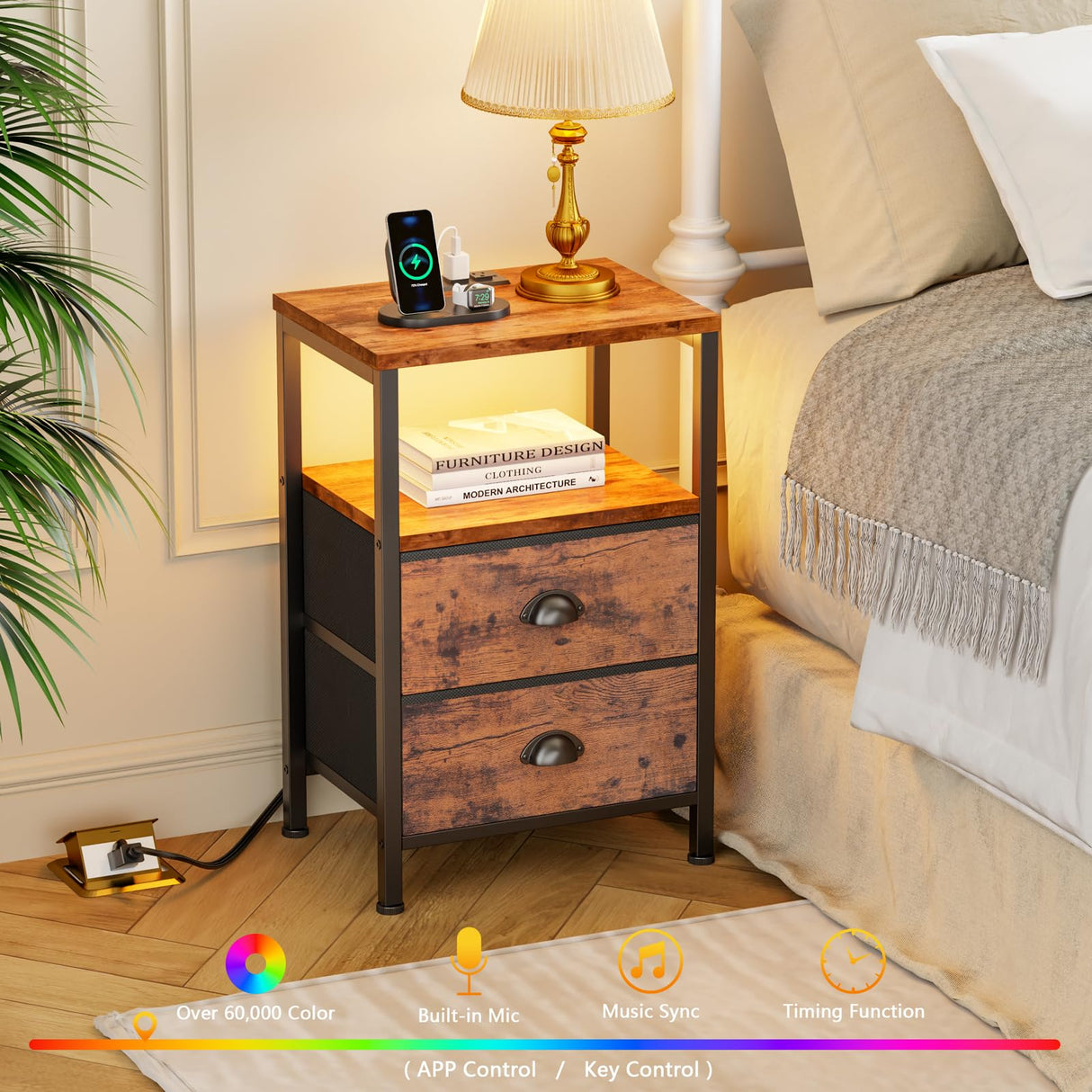 Furologee Nightstands Set of 2 Charging Station, End Tables with LED Lights, Nightstands with 2 Fabric Drawers and Shelves, Bedside Tables for Living Room/Bedroom,Rustic Brown Furologee