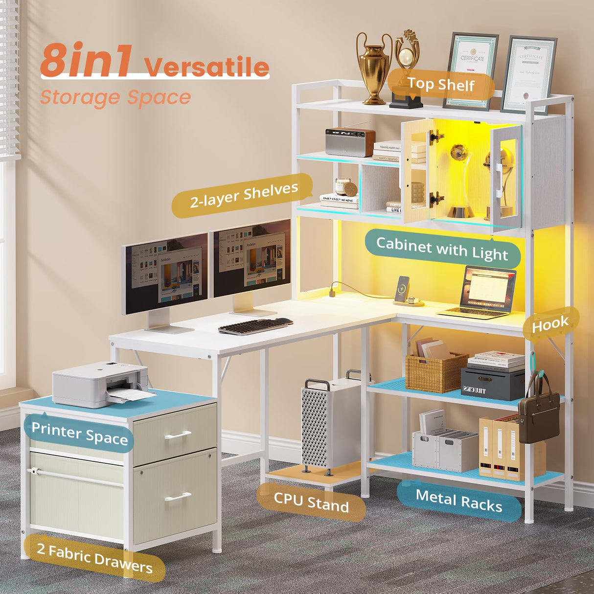 VIGKOOK L-Shaped Gaming Desk with Hutch & Power Outlet - 69.7in White Home Office Desk VIGKOOK