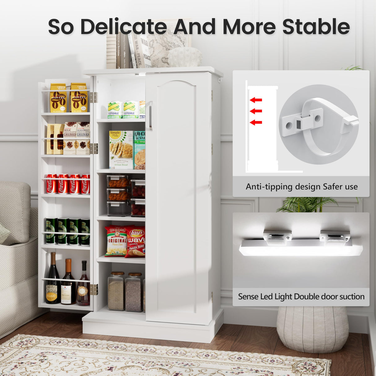 NEWOWNDS 50'' LED Kitchen Pantry Storage Cabinet, White Pantry Cabinets for Kitchen Storage with Adjustable Shelves, Freestanding Food Storage Cabinet with Doors for Living Room and Dinning Room NEWOWNDS