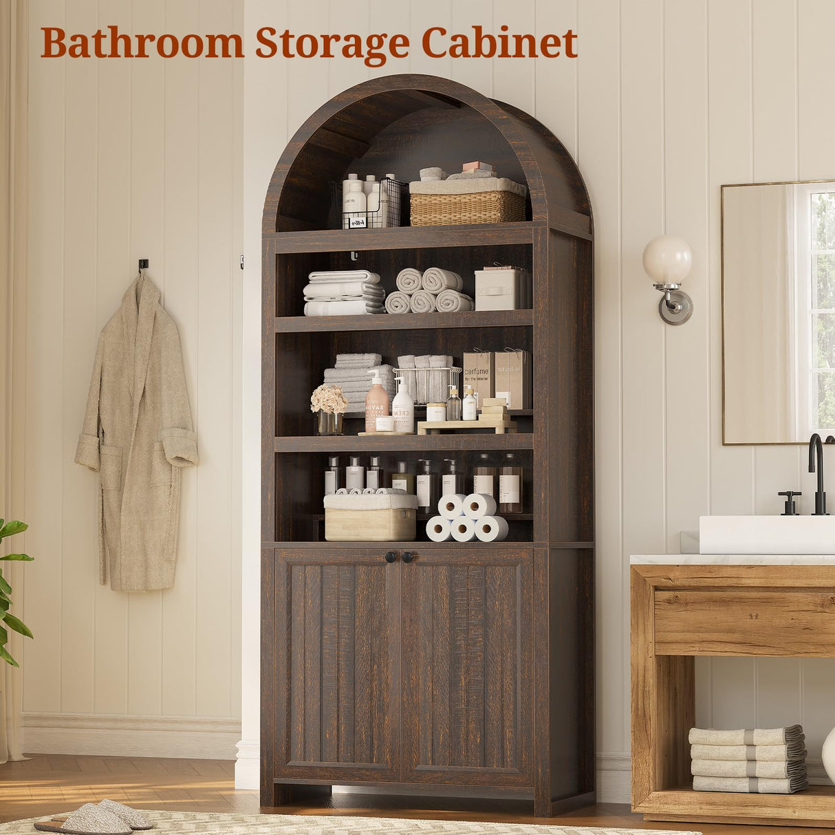 81" Tall Arched Cabinets,Bookcase with storage,Mid-Century Modern 6-Tier Bookshelf with Door,2 Book Risers and Adjustable Shelves offering more storage space for Living Room,Kitchen,Home Office,Walnut UPOSOJA