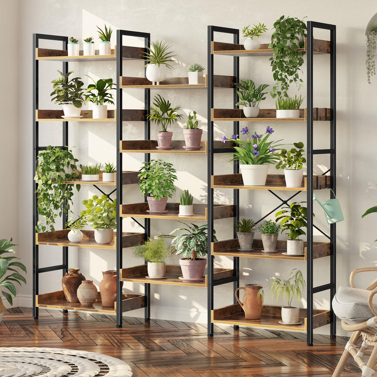 Rolanstar Bookshelf 5 Tiers with 4 Hooks, Triple Bookcase with Open Display Shelves, Industrial Wide Bookshelf with Metal Frame for Living Room, Office, Rustic Brown Rolanstar