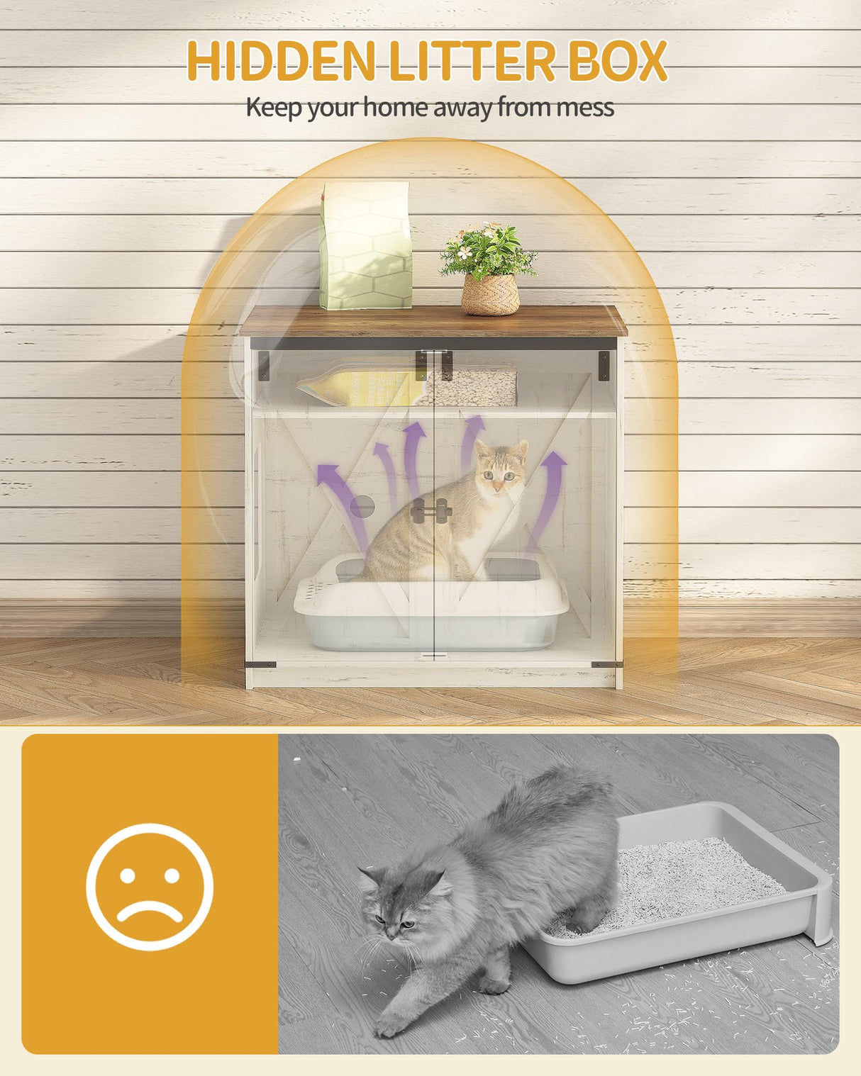 Hzuaneri Cat Litter Box Enclosure Enclosed, Hidden Litter Box Furniture Cabinet Large, Wooden Indoor Cat House with Adjustable Shelf for Top Entry Litter Box, Farmhouse Rustic Brown and White CB85414X Hzuaneri