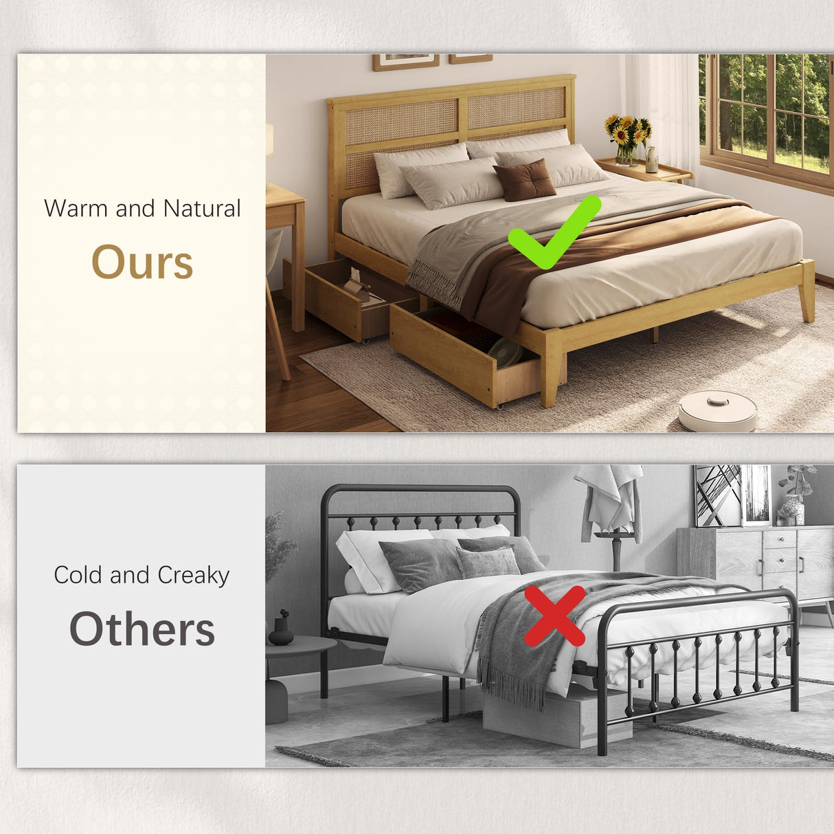 Olodumare Boho King Platform Bed Frame with Rattan Headboard, Modern Natural Bohemian Solid Wood Bed with 2 Under Bed Storage Drawers, Squeak-Free, No Box Spring Needed, Easy Assembly, Honey Oak Olodumare