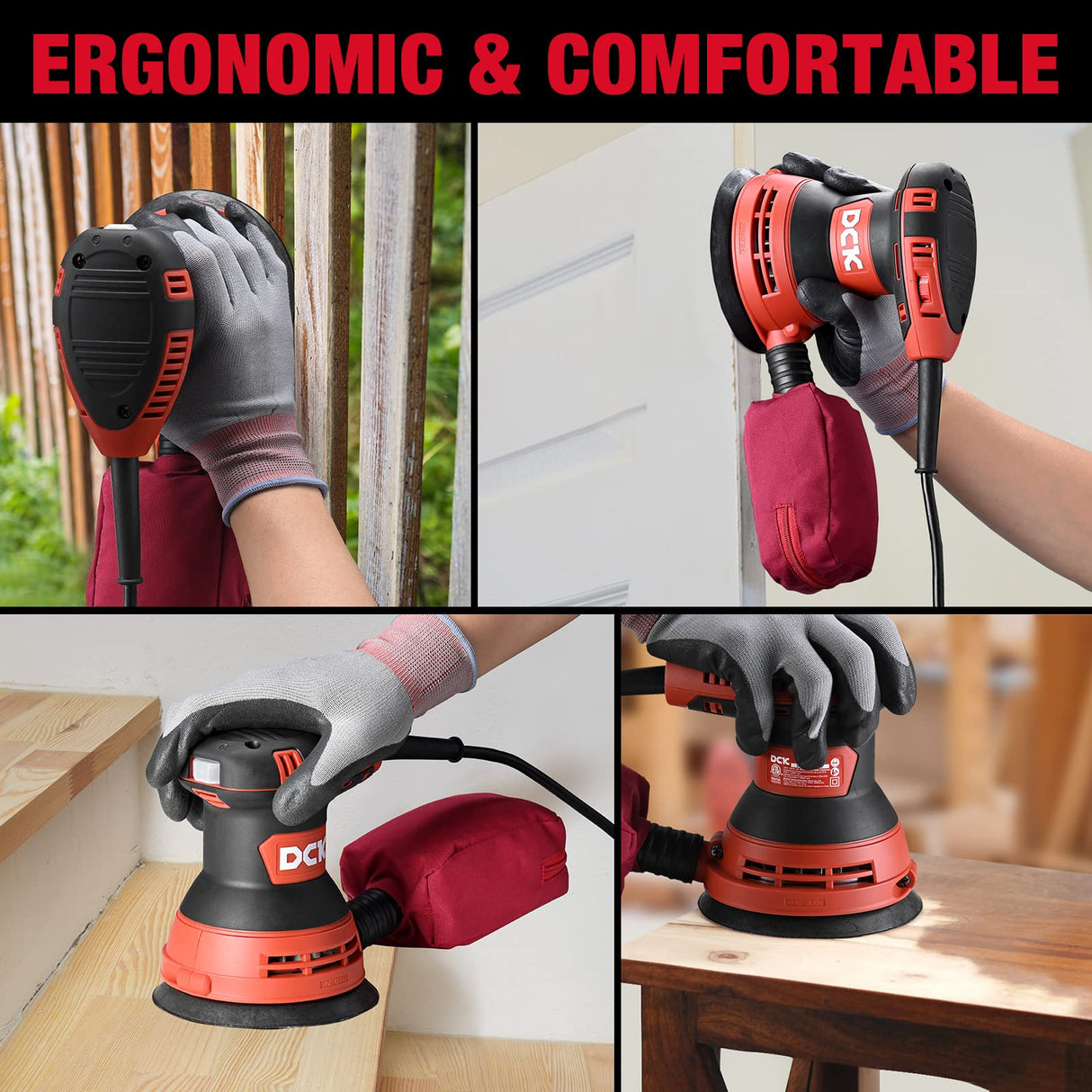 DCK Random Orbital Sander, 3.0 AMP Corded Palm Sander, 6 Speeds Max 12,000 OPM, 5-Inch with 10 pcs Sandpapers, Dust Bag, Low Vibration, Drywall Sander for Woodworking, Decoration Furniture (KSA125) DCK