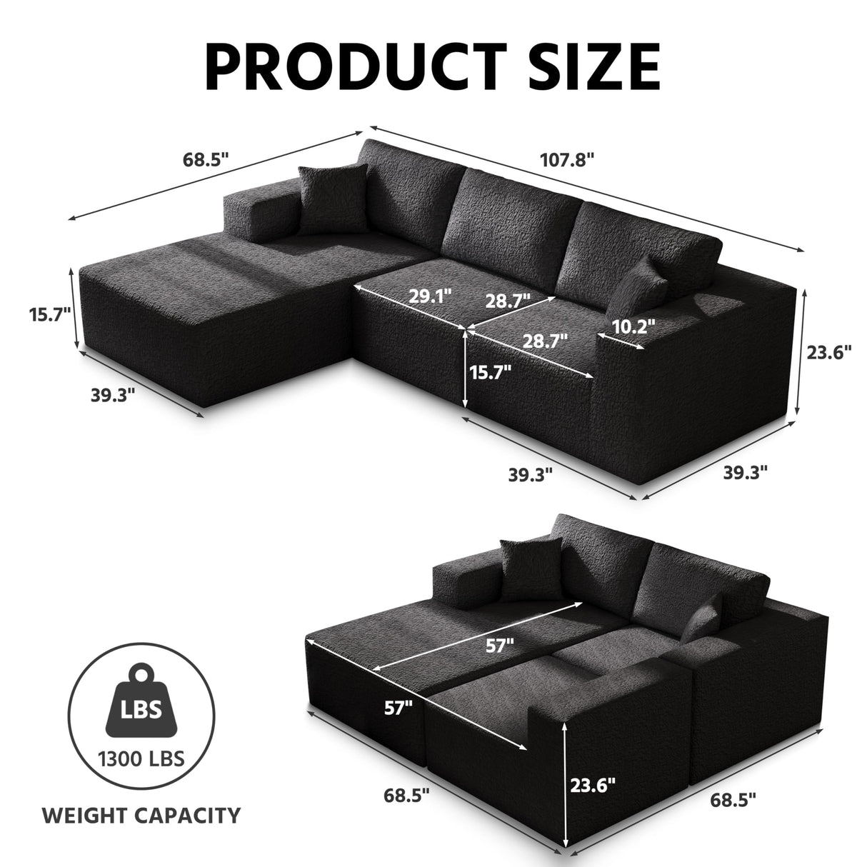108" Cloud Modular Sectional Couch with L-Shape Chaise, Modern Sectional Sofa with Deep Seat Couch, Ultra Soft Knit Fabric Couches for Living Room, No Assembly Required, Left Facing Chaise (Black) YVDNHP