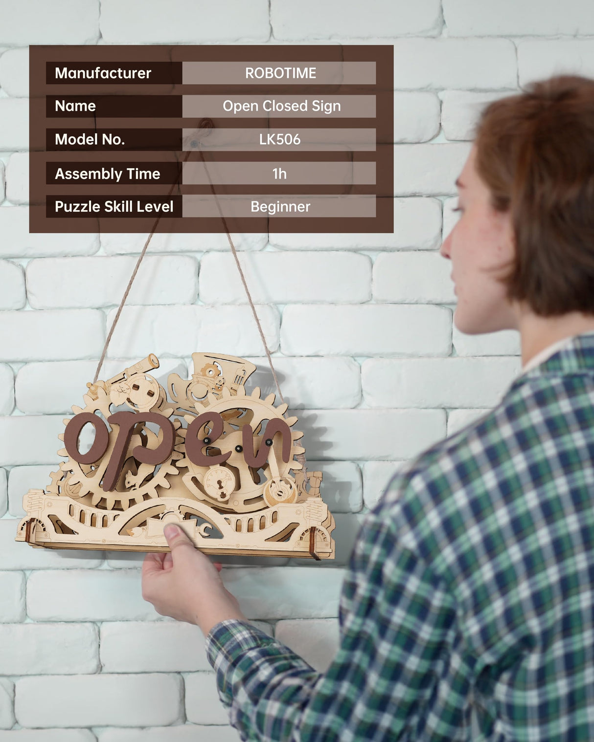 ROBOTIME LK506 Open Closed Sign 3D Puzzle, Mechanical Wooden Model to Build for Beginners, Wooden Puzzles for Adults & Teens, Home Office Cafe Aesthetic Decor Unique Gift ROBOTIME