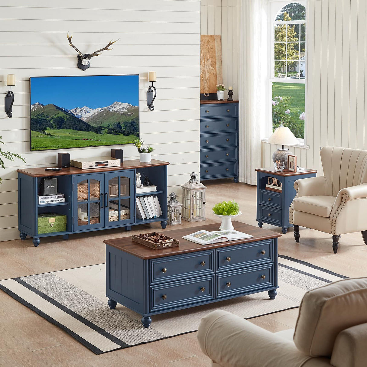RWYHG Farmhouse TV Stand for 60 Inch TV, Wood Entertainment Center with Glass Door Storage Cabinet & Adjustable Shelves,Television Stands for 65" TVS, TV Console Table for Living Room,Bedroom,Blue RWYHG